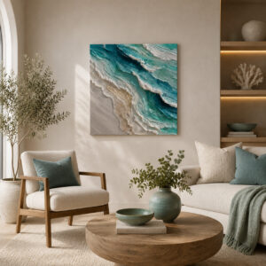 Turquoise ocean wave textured wall art for modern interior decoration